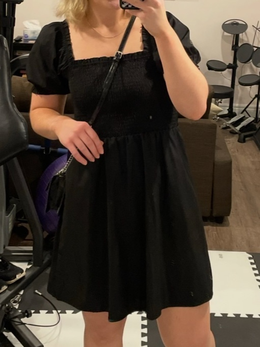 Simons Black Smocked Bodice Puff Sleeve Mini Dress